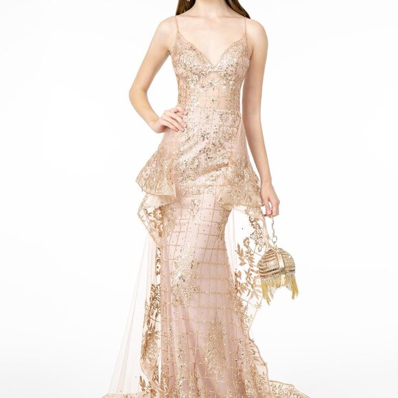 New Gold/Mauve Color prom evening Sheer Bodice Glitter Mermaid Dress GSGL2959